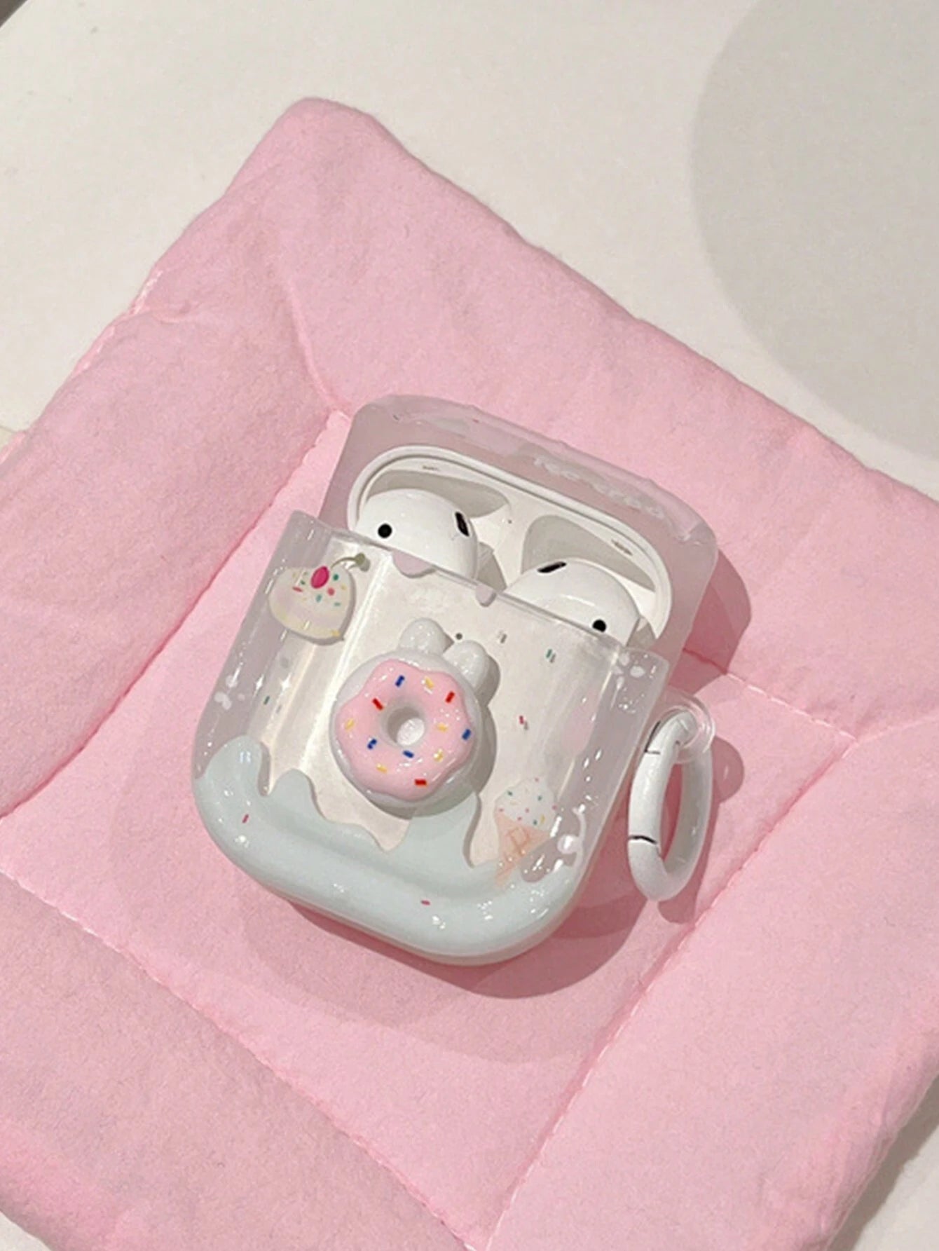 AirPods Pro 2nd generation Pink TPU Cute 3D Donut Transparent Case With Ring Hook
