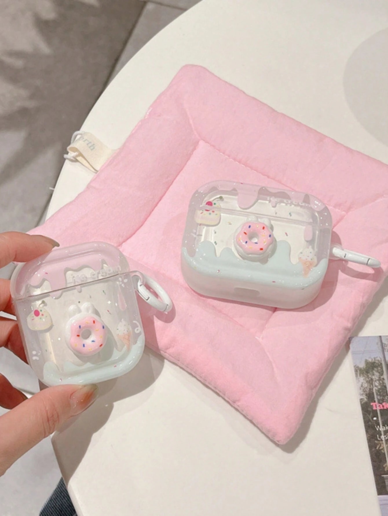 AirPods Pro 2nd generation Pink TPU Cute 3D Donut Transparent Case With Ring Hook