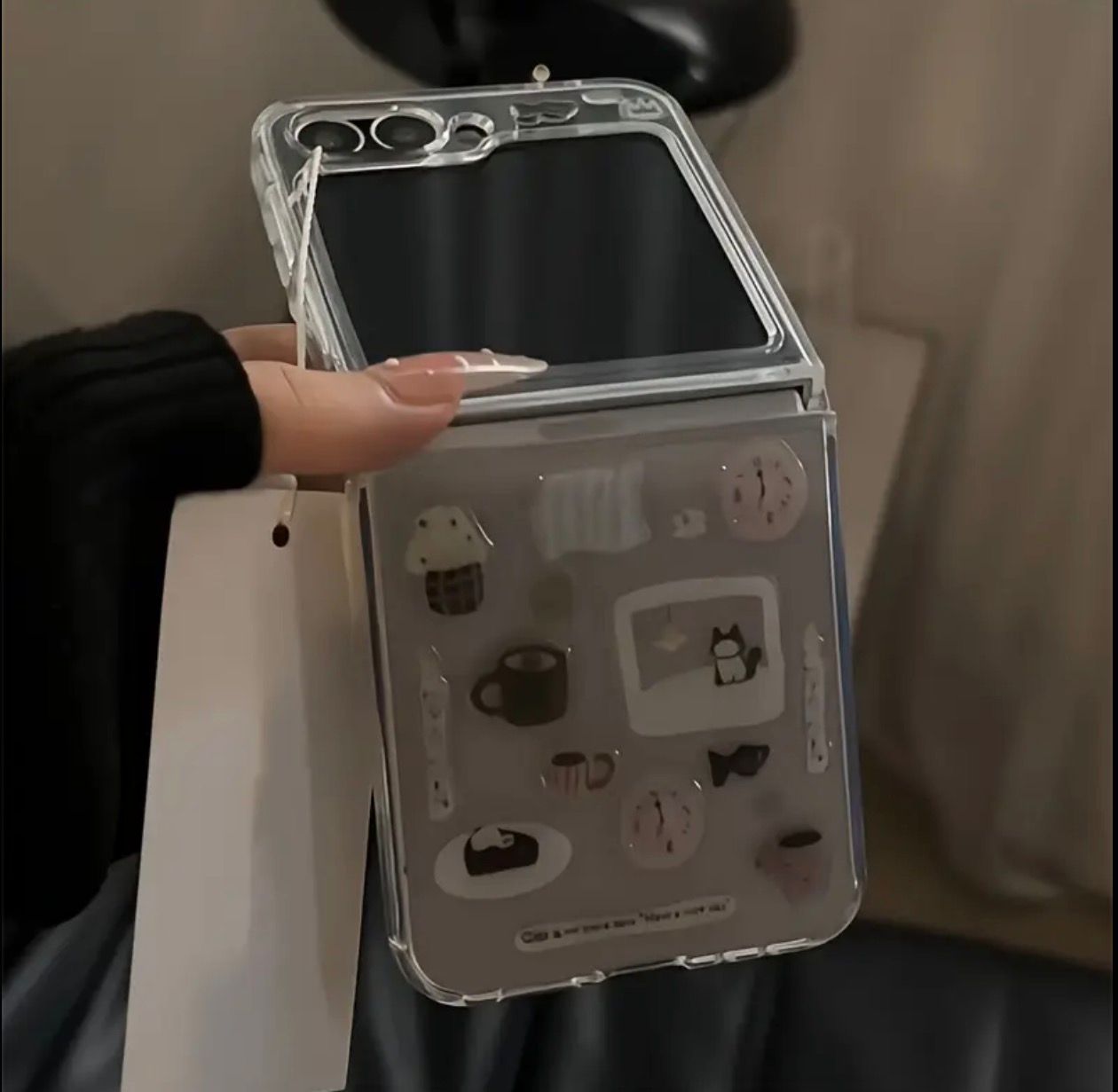 Samsung Galaxy Z Flip 6 Adorable Handmade Transparent Case Featuring a Cartoon Cat Design with Epoxy Stickers