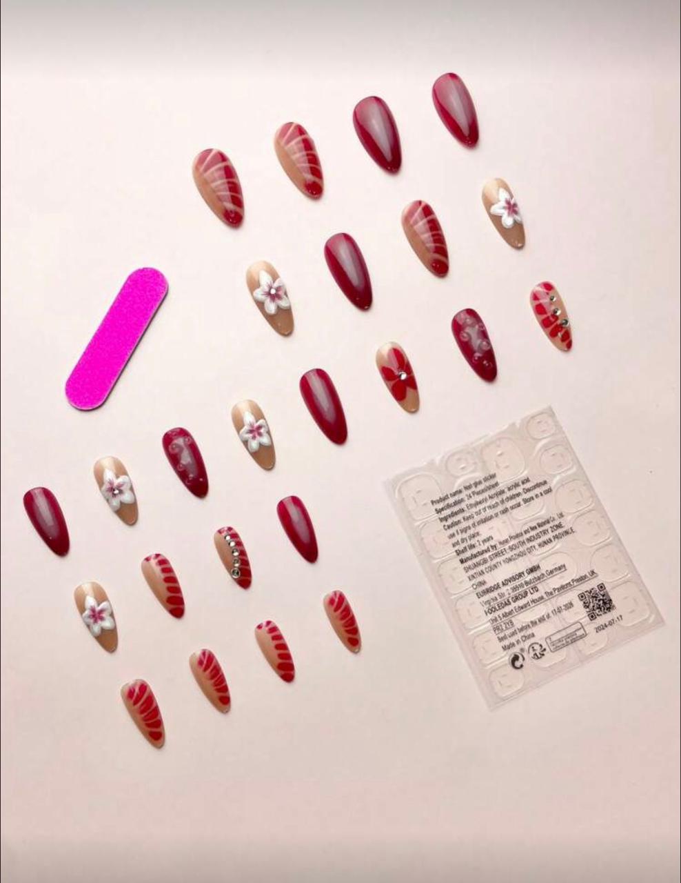 24Pcs/Set Almond Shaped Sweet Floral 3D Water Drop Pattern Full Cover Press-On Fake Nails