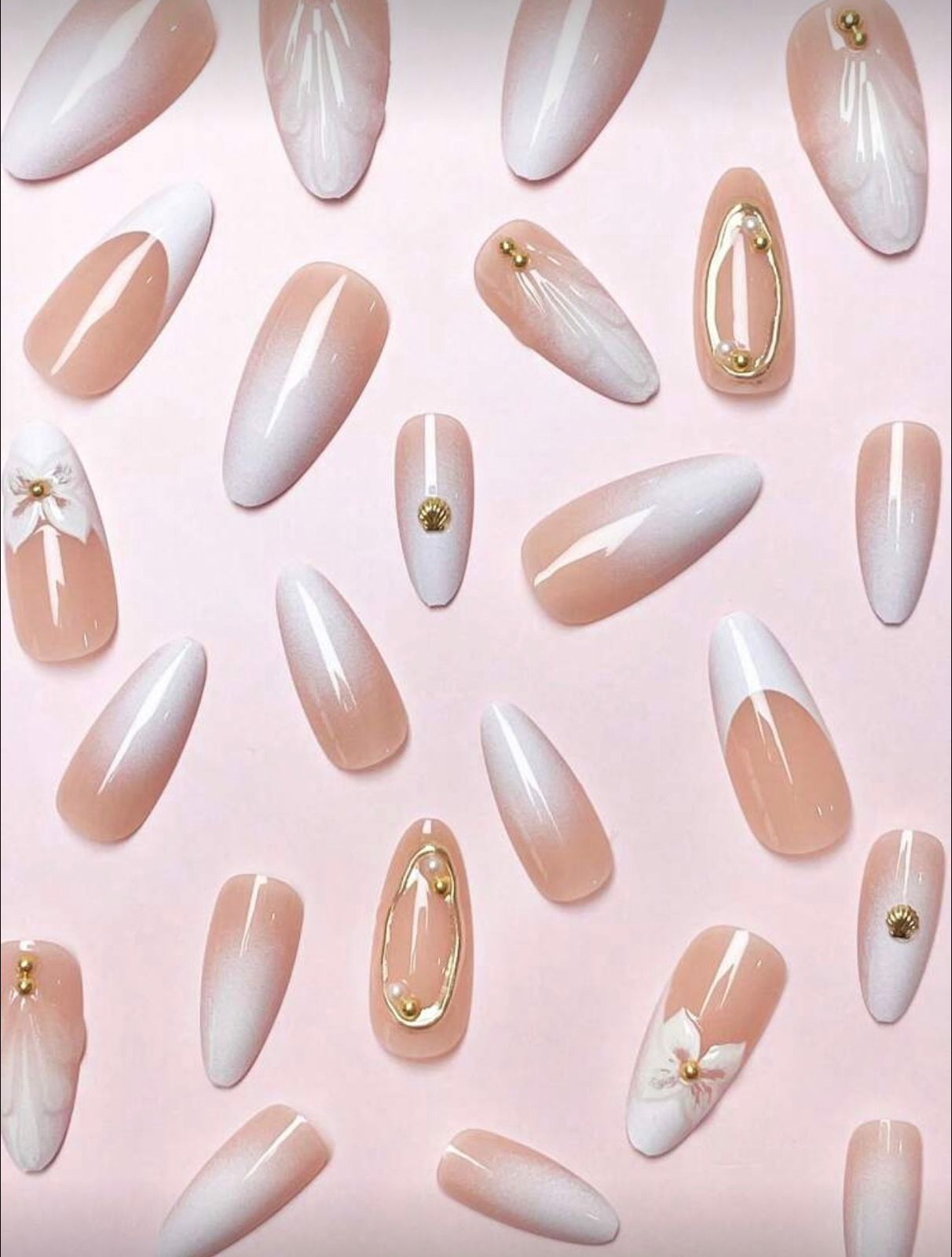 French Almond Shape Tie Dye White Base False Nails