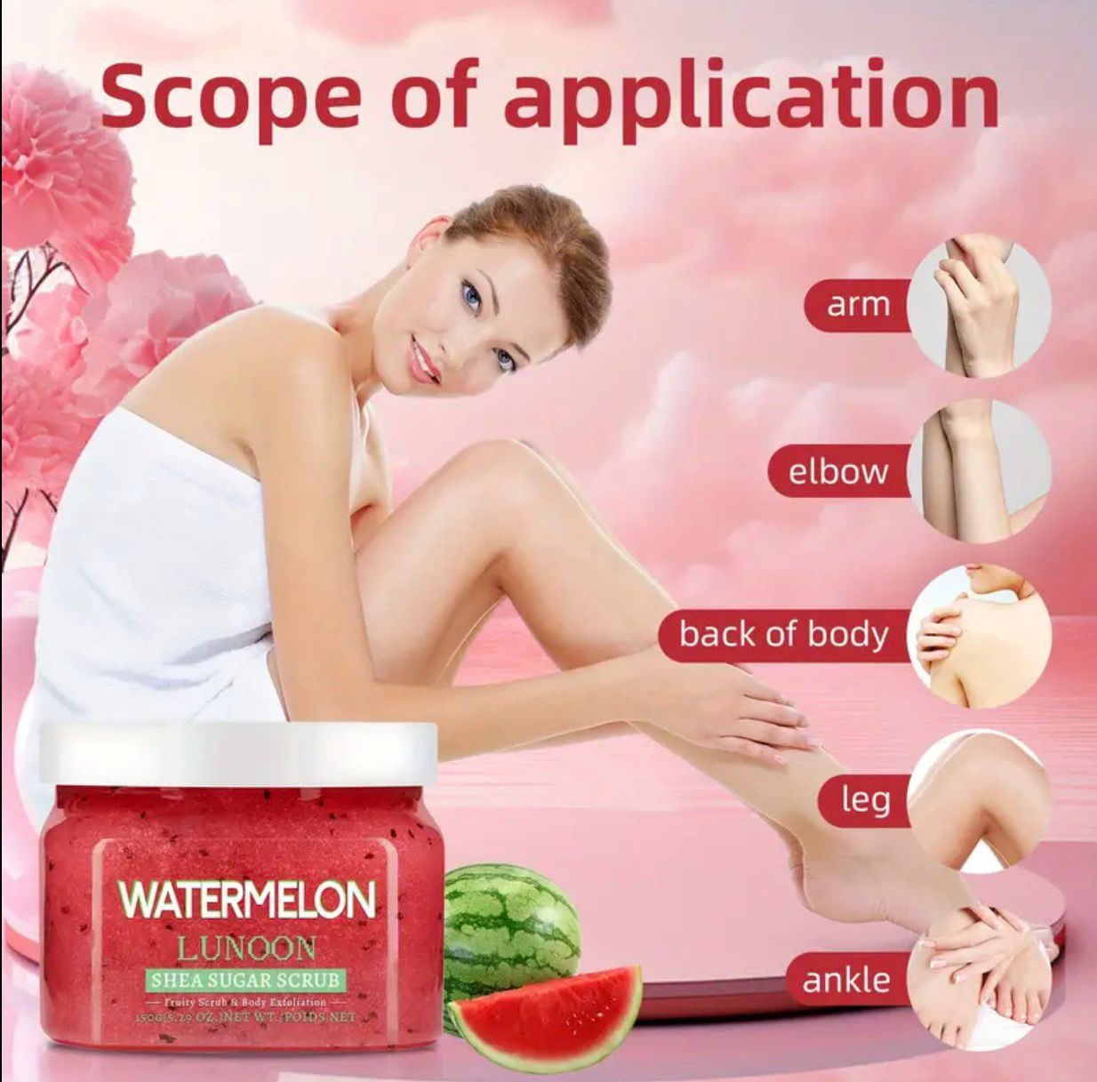 150g LUNOON watermelon Shea Sugar Scrub, Ultra Moisturizing & Exfoliating.