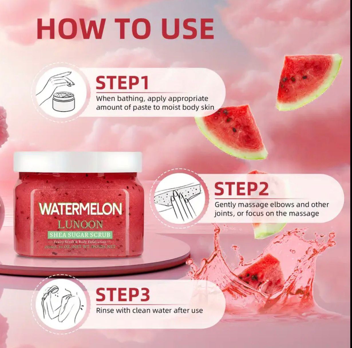 150g LUNOON watermelon Shea Sugar Scrub, Ultra Moisturizing & Exfoliating.