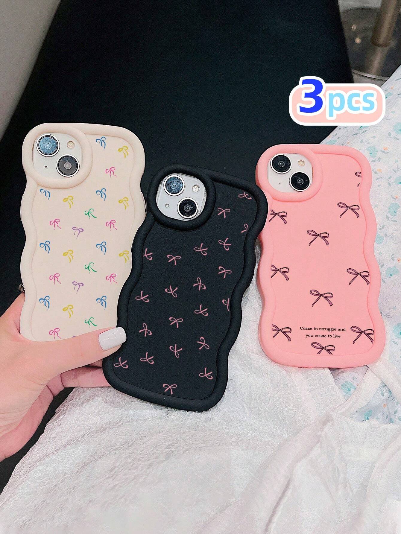 3pcs Dopamine, Bowknot, Cartoon Macaron Wave Pattern Phone Cases