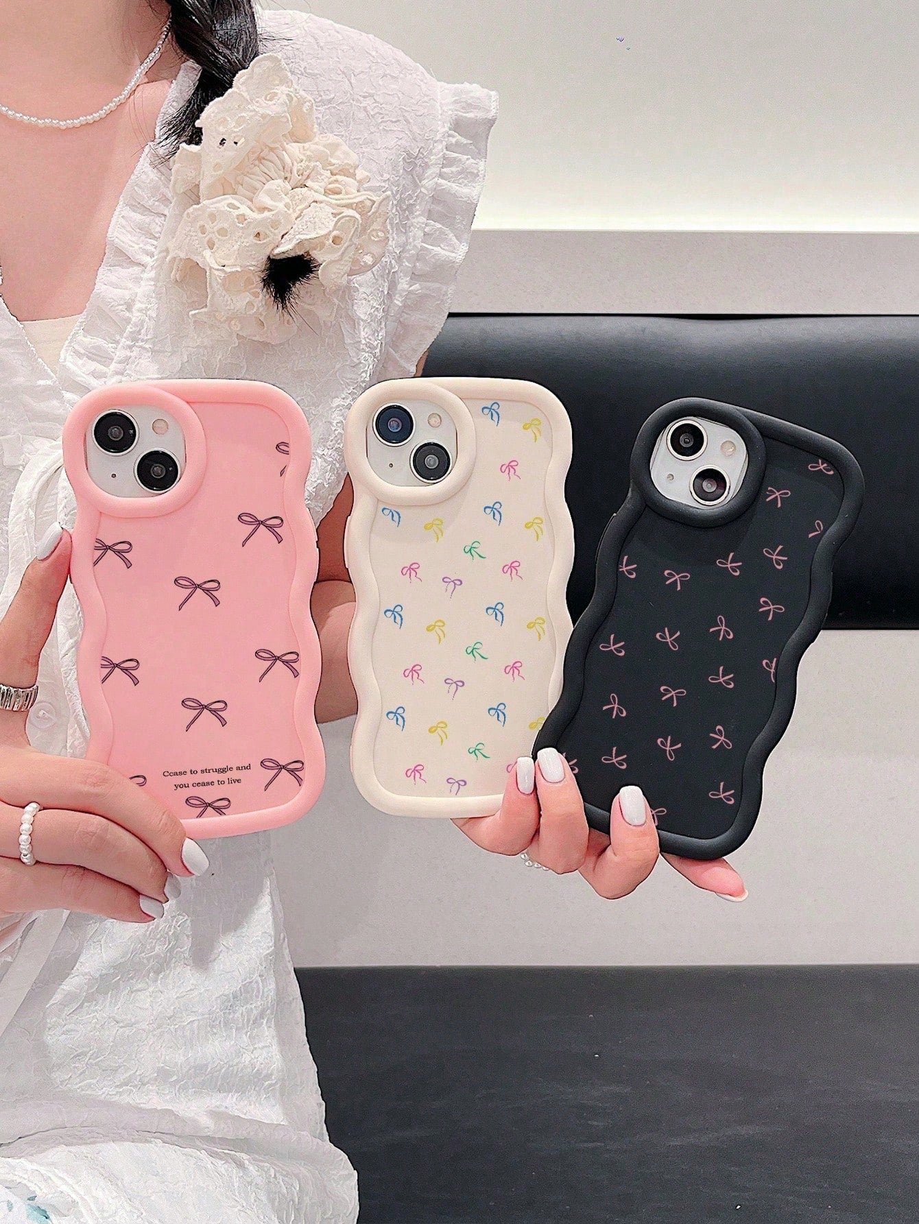 3pcs Dopamine, Bowknot, Cartoon Macaron Wave Pattern Phone Cases