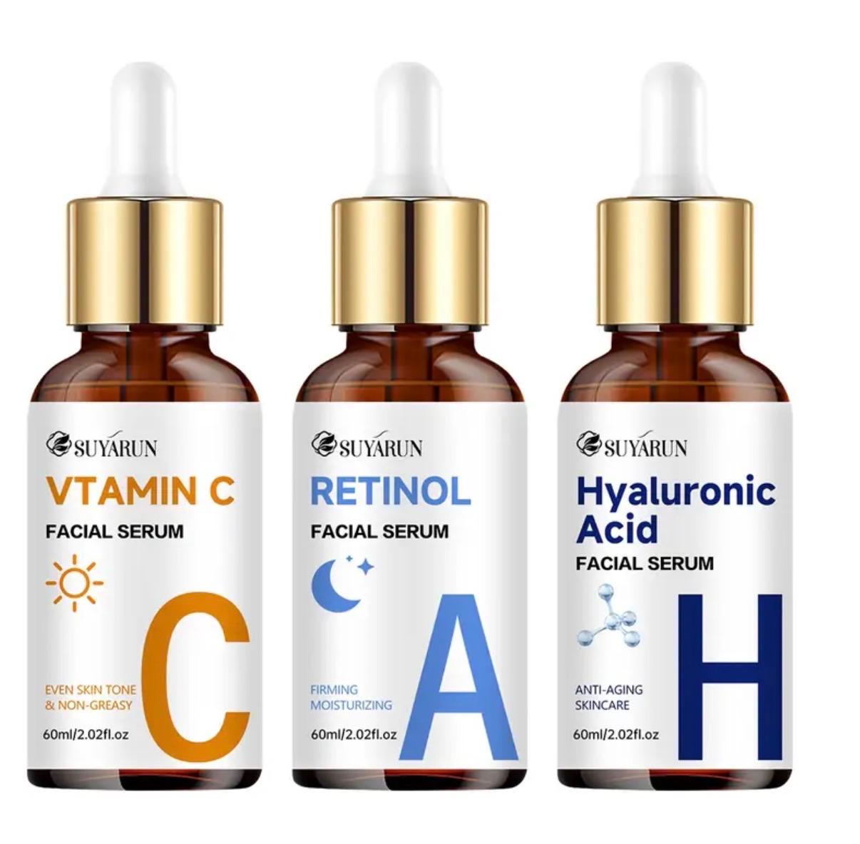 SUYÁRUN C+H+A Facial Serum Set: Vitamin C, Hyaluronic Acid, and Retinol for Radiant, Anti-Aging Skincare