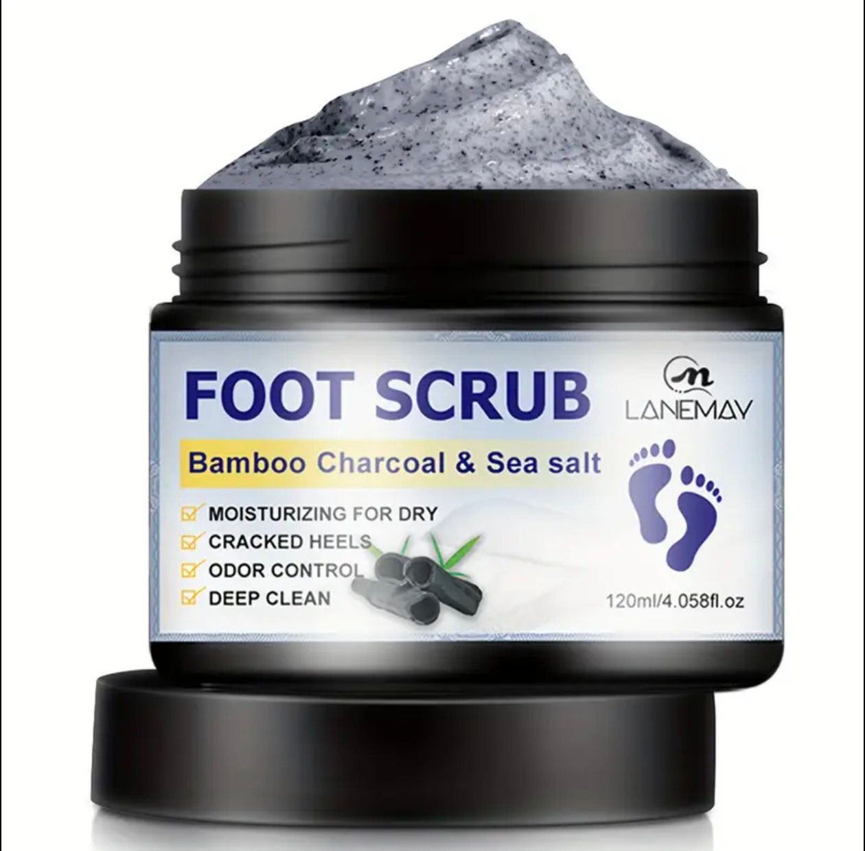 LANEMAY Bamboo Charcoal &amp; Sea Salt Foot Scrub – Intensive Treatment for Dry, Cracked Heels