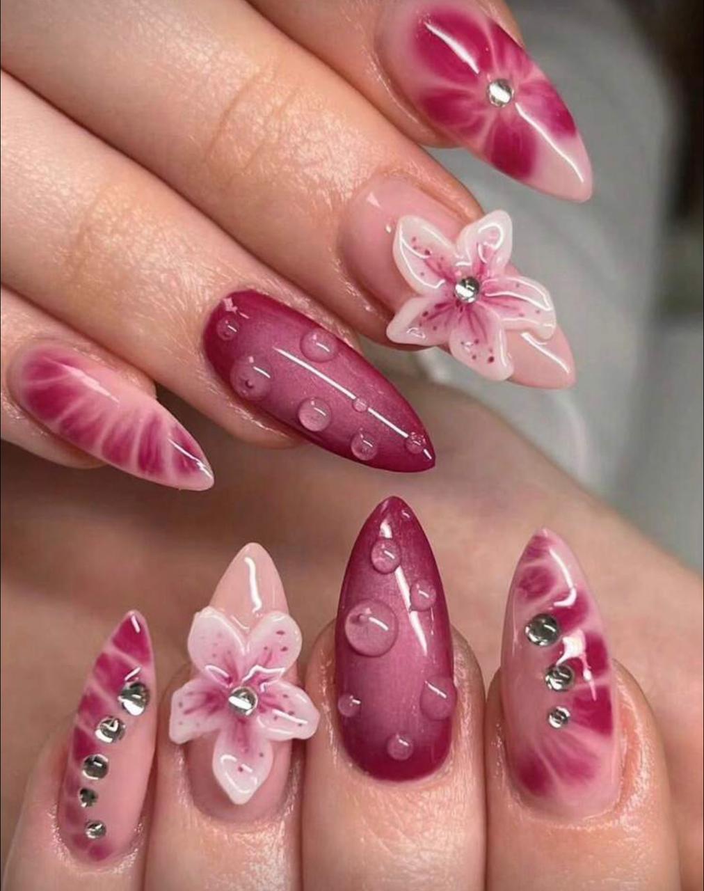 24Pcs/Set Almond Shaped Sweet Floral 3D Water Drop Pattern Full Cover Press-On Fake Nails