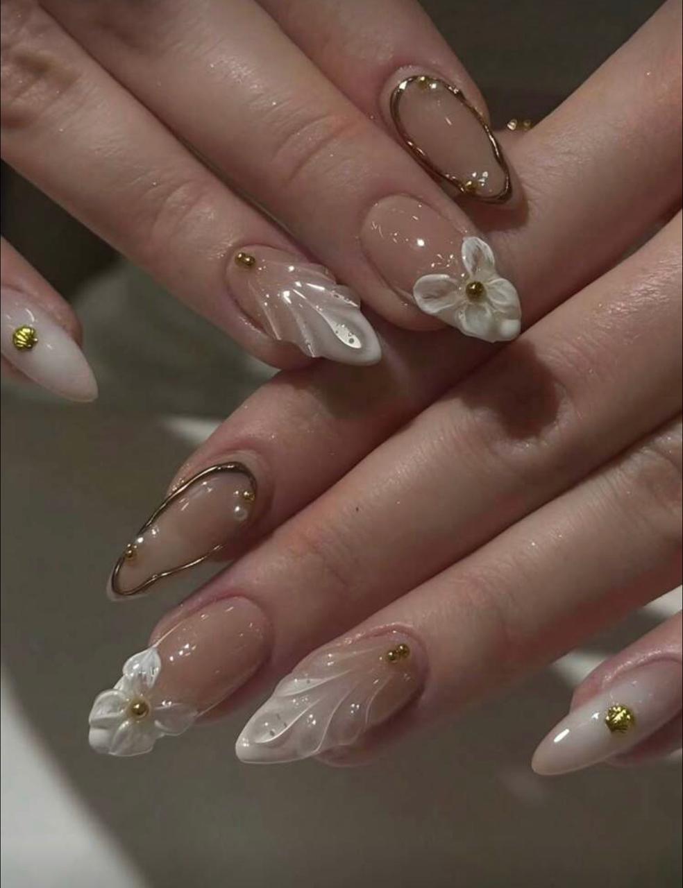 French Almond Shape Tie Dye White Base False Nails