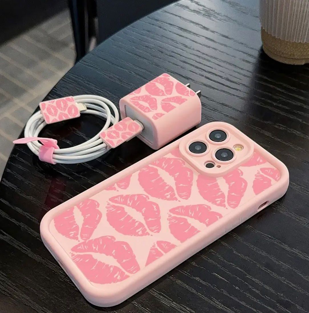 5pcs Set Pink Heart Pattern Phone Case + Cable Protector for 14 Plus