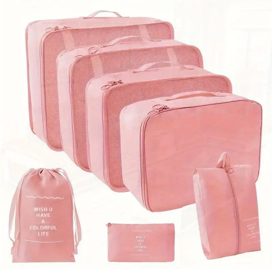 7 pink travel kits, durable polyester packaging cubes, with an inspirational record, including clothes, underwear, shoes, cosmetics and toilet bags for efficient and fashionable storage