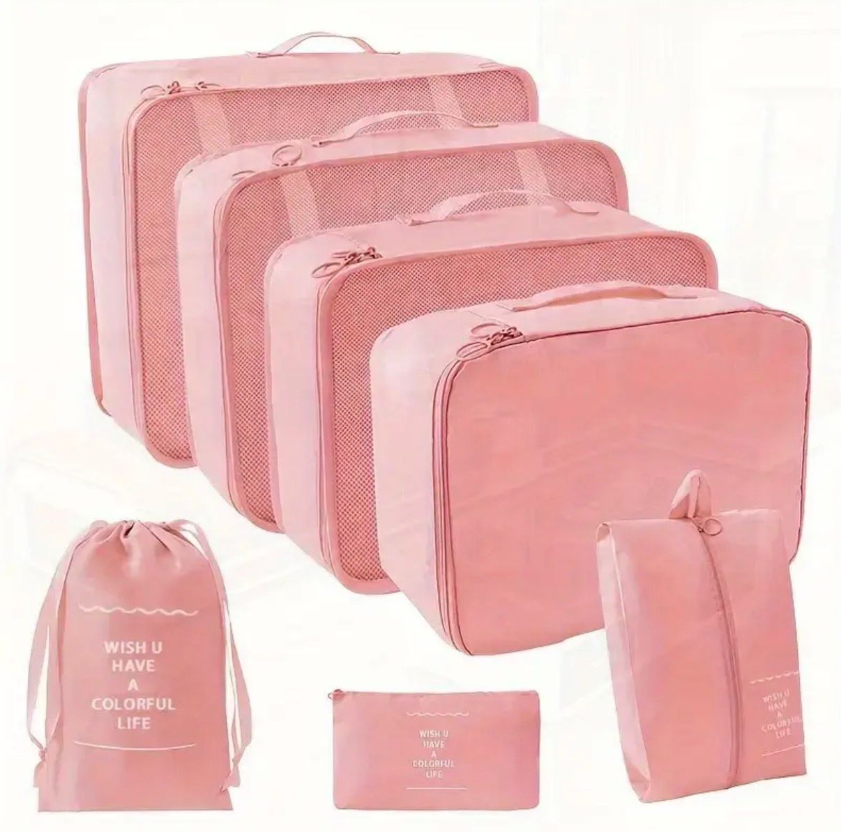 7 pink travel kits, durable polyester packaging cubes, with an inspirational record, including clothes, underwear, shoes, cosmetics and toilet bags for efficient and fashionable storage