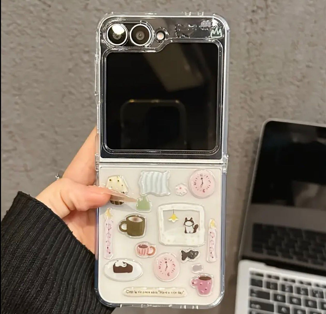 Samsung Galaxy Z Flip 6 Adorable Handmade Transparent Case Featuring a Cartoon Cat Design with Epoxy Stickers