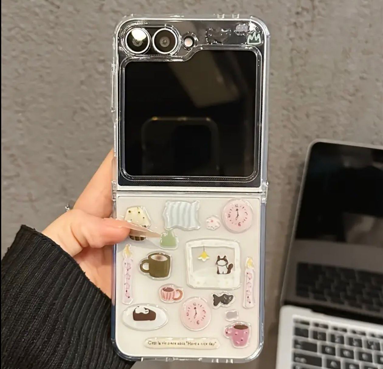 Samsung Galaxy Z Flip 6 Adorable Handmade Transparent Case Featuring a Cartoon Cat Design with Epoxy Stickers