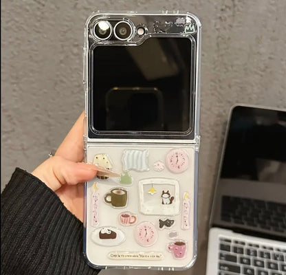 Samsung Galaxy Z Flip 6 Adorable Handmade Transparent Case Featuring a Cartoon Cat Design with Epoxy Stickers