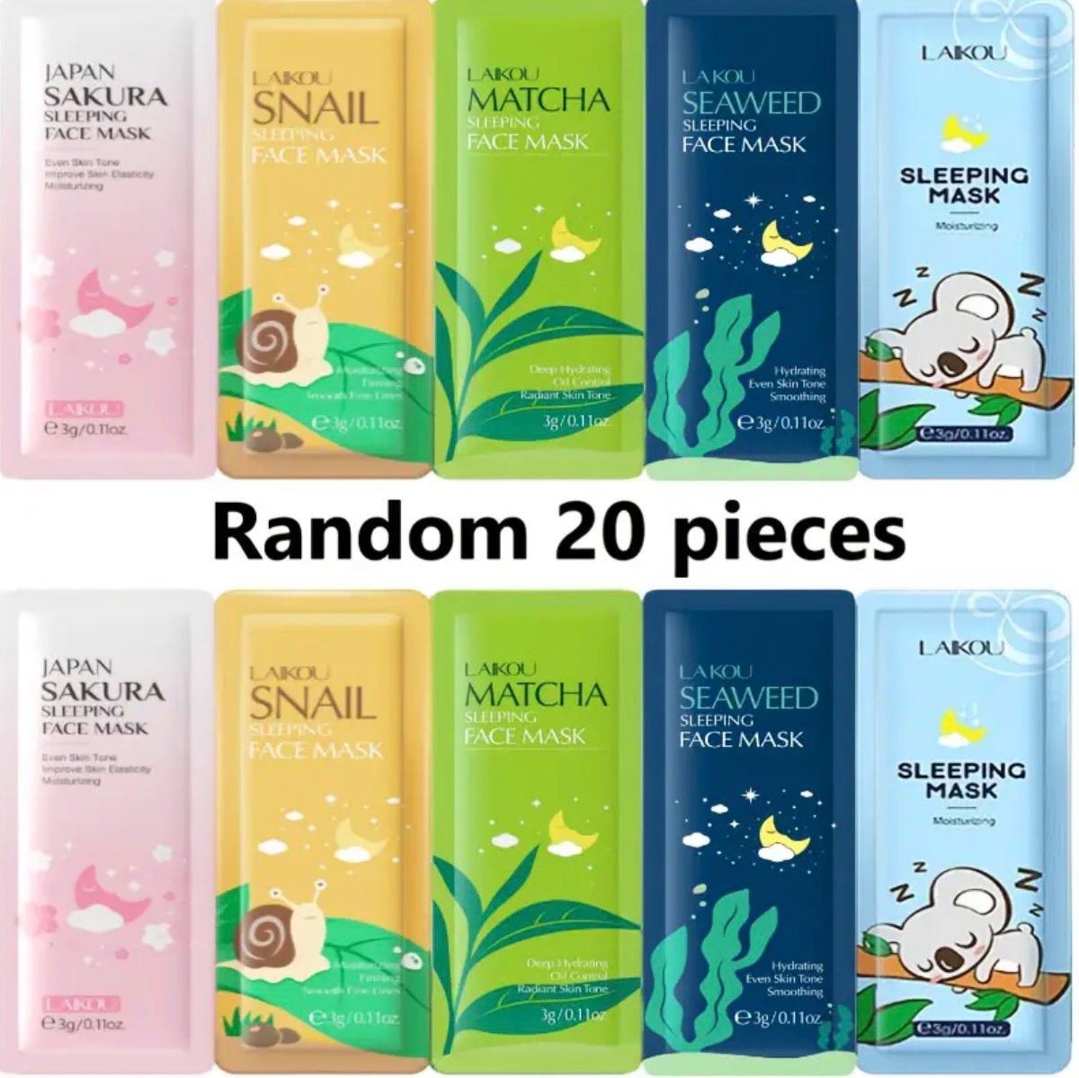 LAIKOU Sleeping Face Mask Pack of 20 – Hydrating &amp; Brightening Night Mask Set.
