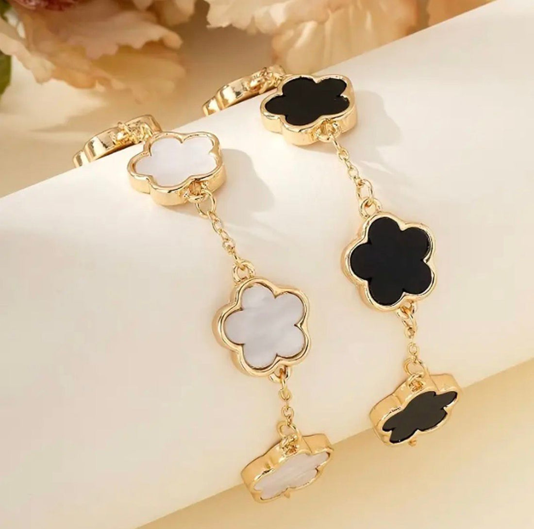 2pcs Vintage-Inspired Black &amp; Green Clover Bracelet Set