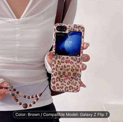 Samsung Galaxy Z Flip 7 Leopard Print Bow Foldable Phone Case with Wrist Strap