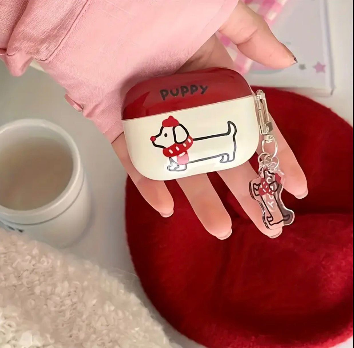 Airpods 4 Colorful Red Scarf Dachshund Pattern Design Earphone Case