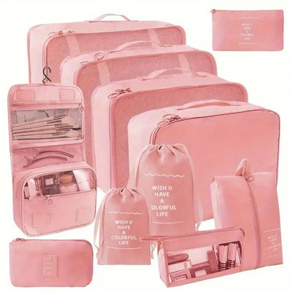 7 pink travel kits, durable polyester packaging cubes, with an inspirational record, including clothes, underwear, shoes, cosmetics and toilet bags for efficient and fashionable storage
