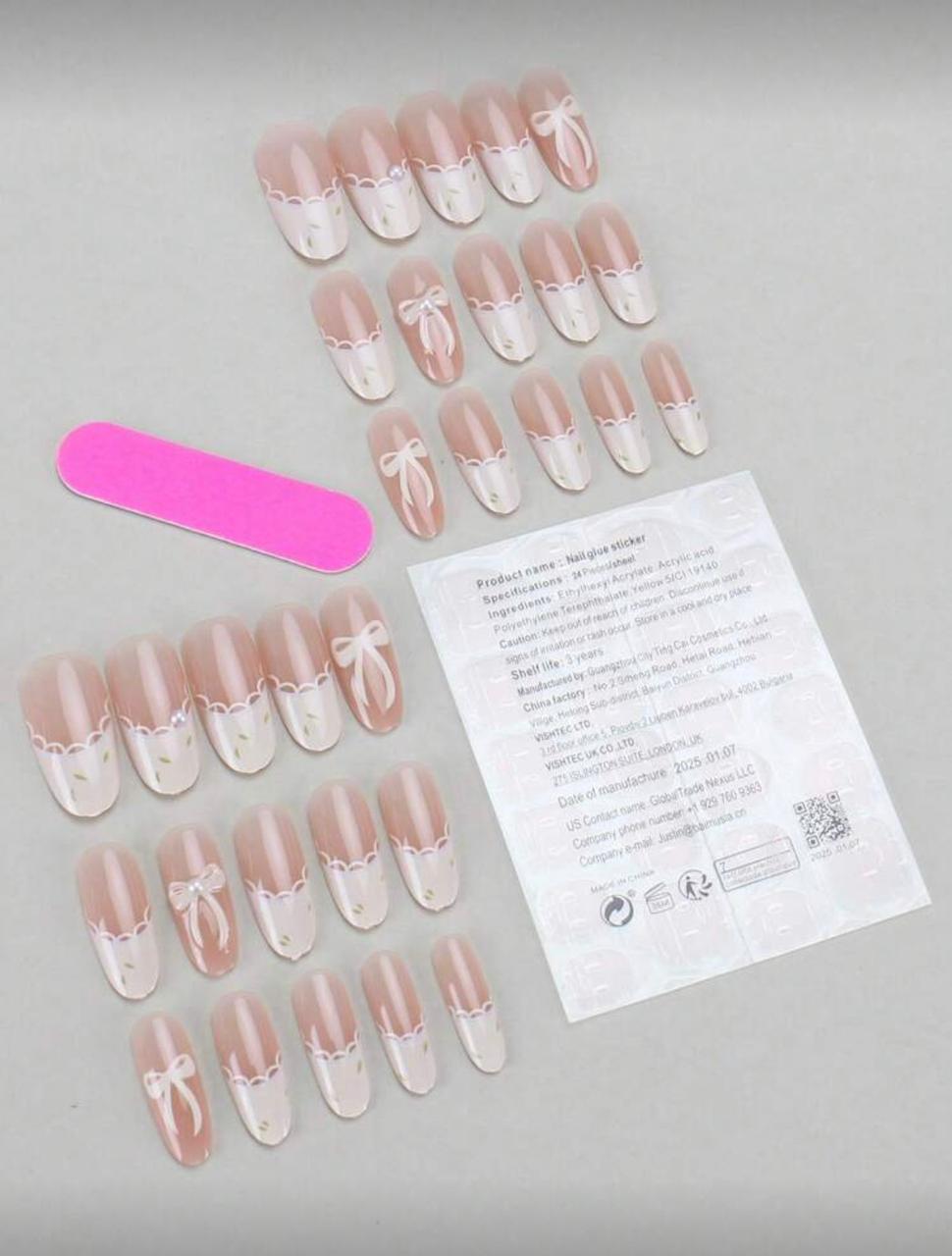 30 Pieces Of Medium Almond Shaped Pressed Fake Nail Patches, White Faux Pearl Bow Sweet