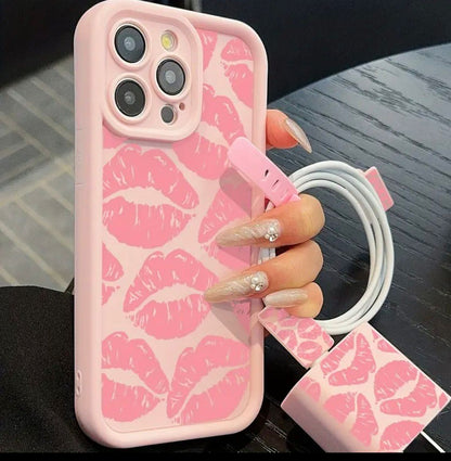 5pcs Set Pink Heart Pattern Phone Case + Cable Protector for 14 Plus