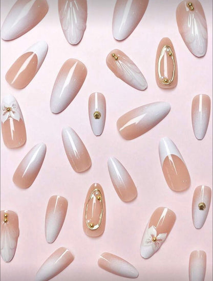 French Almond Shape Tie Dye White Base False Nails