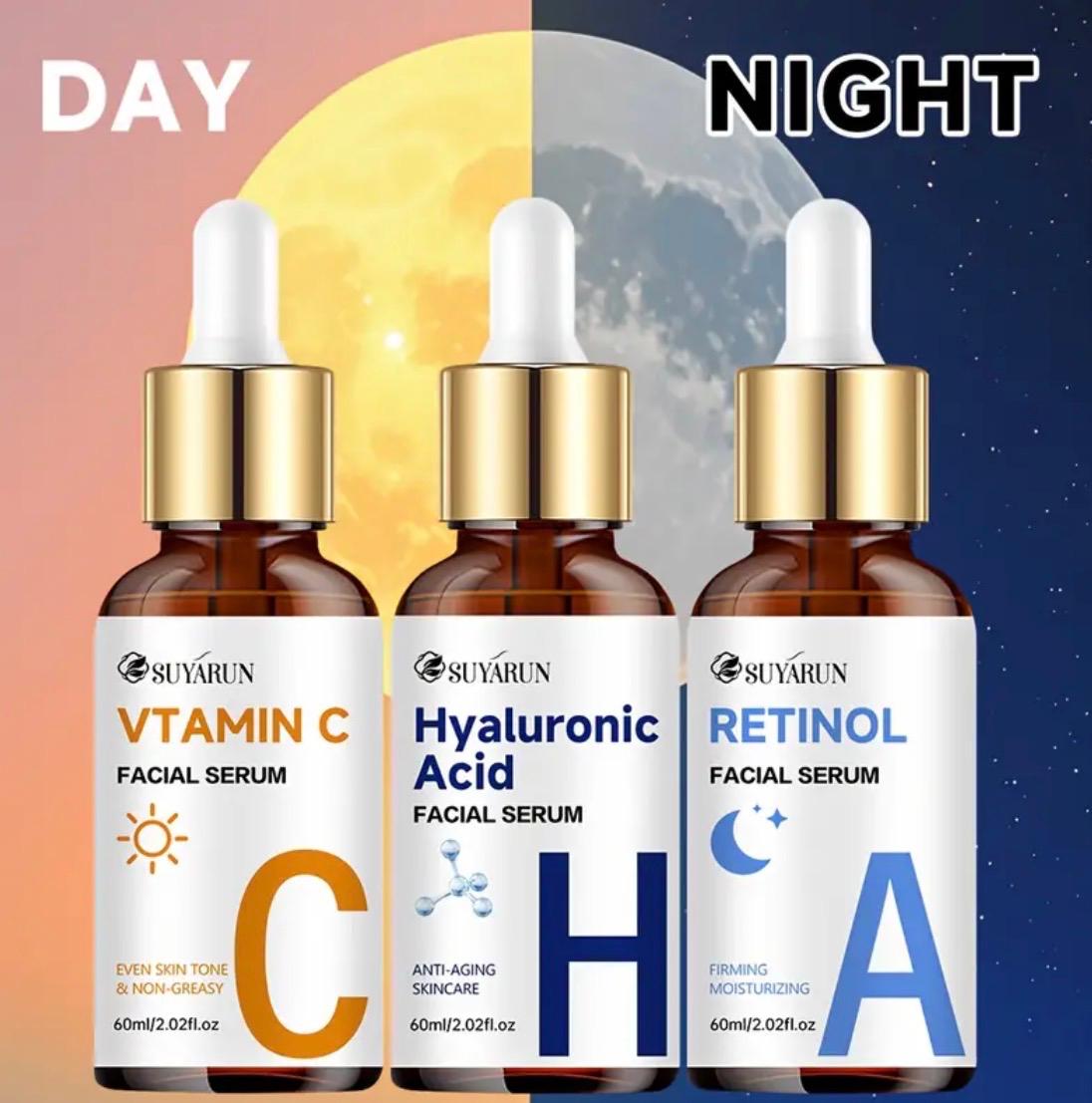 SUYÁRUN C+H+A Facial Serum Set: Vitamin C, Hyaluronic Acid, and Retinol for Radiant, Anti-Aging Skincare