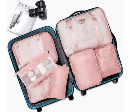 7 pink travel kits, durable polyester packaging cubes, with an inspirational record, including clothes, underwear, shoes, cosmetics and toilet bags for efficient and fashionable storage