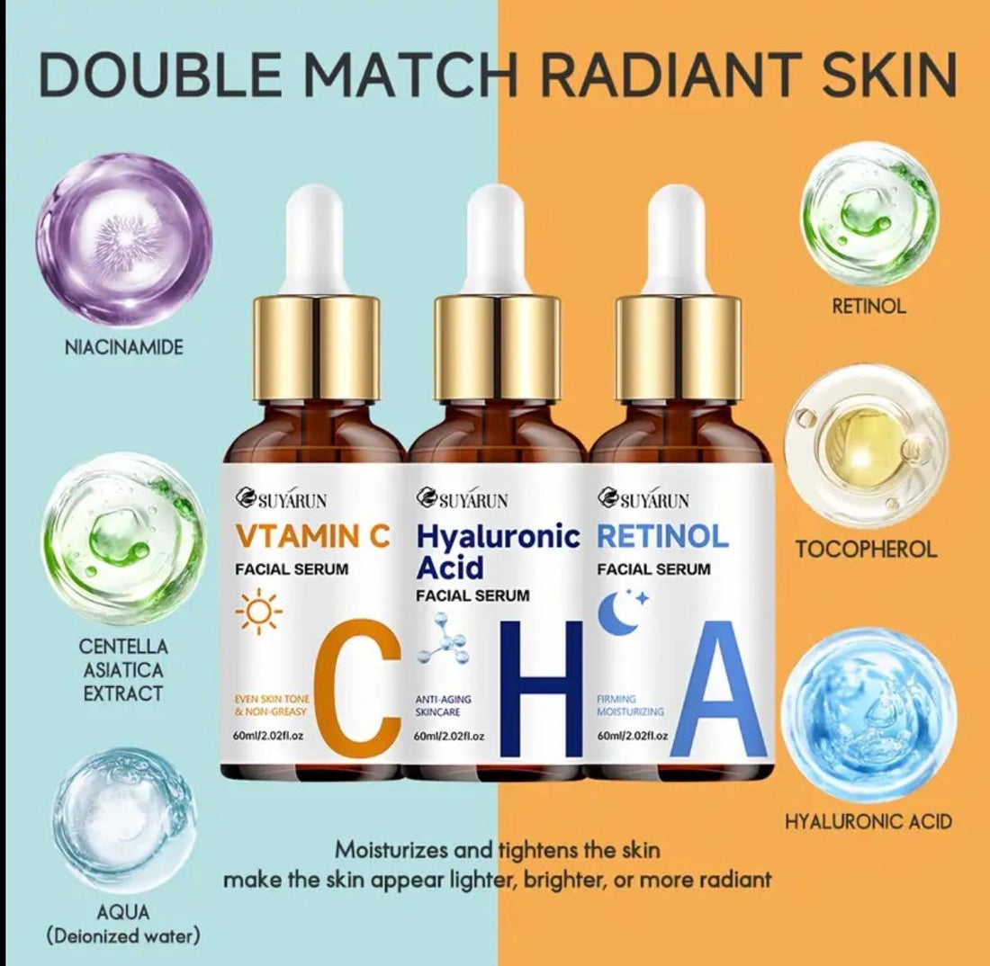 SUYÁRUN C+H+A Facial Serum Set: Vitamin C, Hyaluronic Acid, and Retinol for Radiant, Anti-Aging Skincare