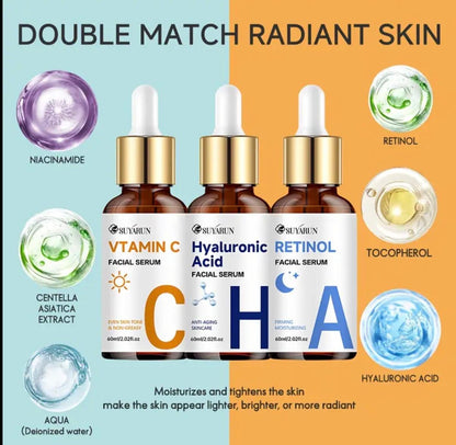 SUYÁRUN C+H+A Facial Serum Set: Vitamin C, Hyaluronic Acid, and Retinol for Radiant, Anti-Aging Skincare