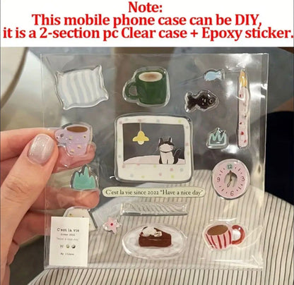 Samsung Galaxy Z Flip 6 Adorable Handmade Transparent Case Featuring a Cartoon Cat Design with Epoxy Stickers