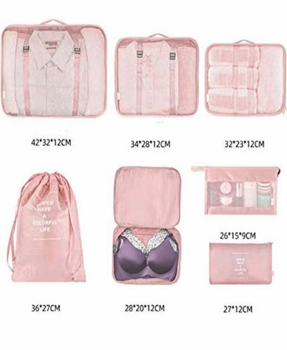 7 pink travel kits, durable polyester packaging cubes, with an inspirational record, including clothes, underwear, shoes, cosmetics and toilet bags for efficient and fashionable storage