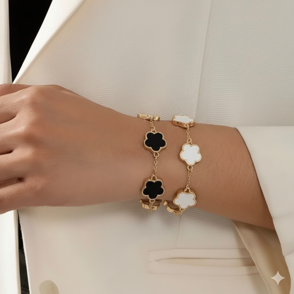 2pcs Vintage-Inspired Black &amp; Green Clover Bracelet Set