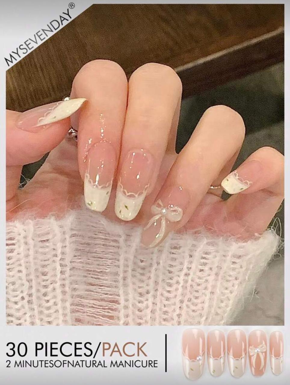 30 Pieces Of Medium Almond Shaped Pressed Fake Nail Patches, White Faux Pearl Bow Sweet