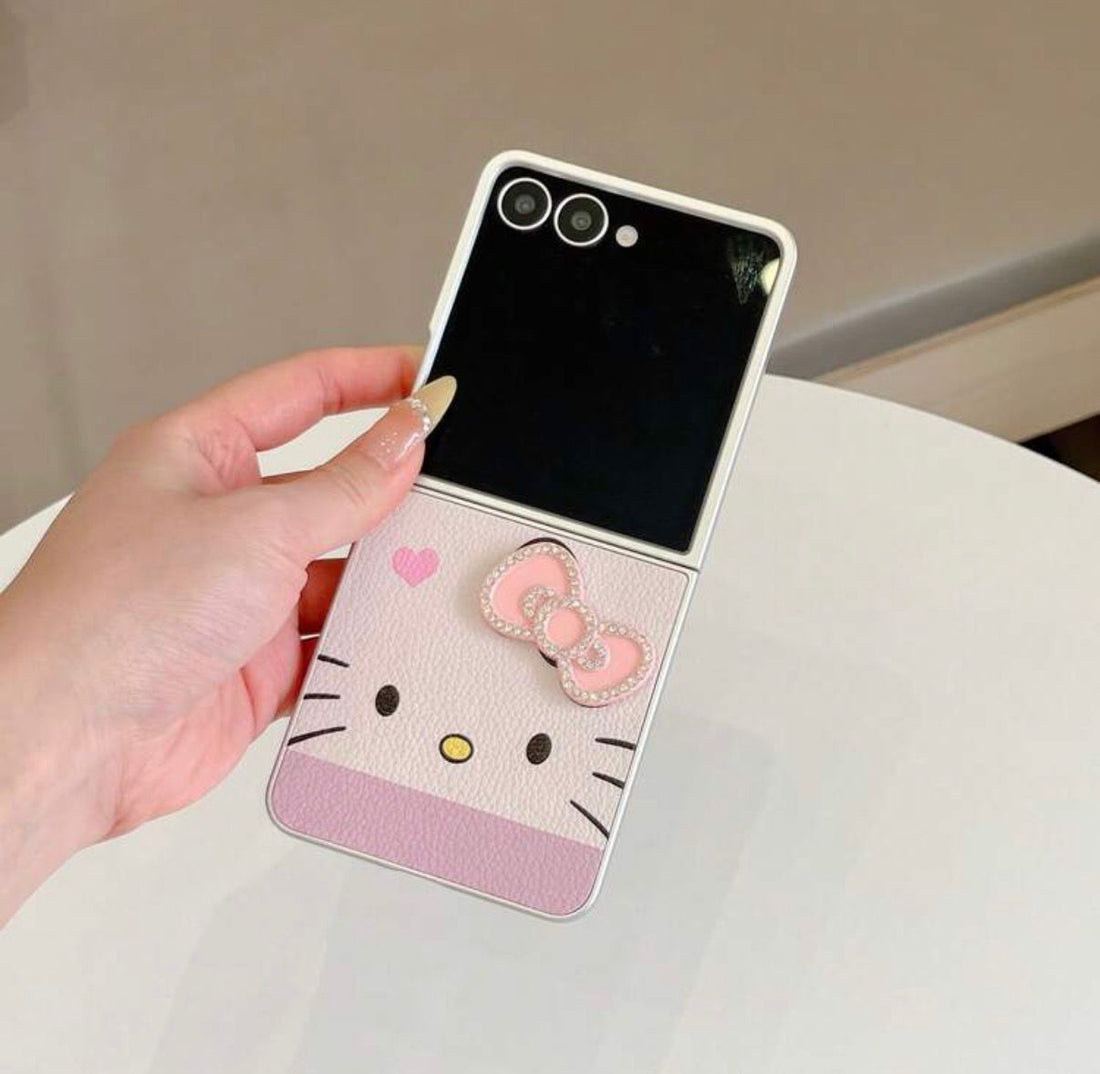Samsung Z flip 7 Sanrio Cute Cartoon Heart Bow Kitty Face Leather Folding Phone Case